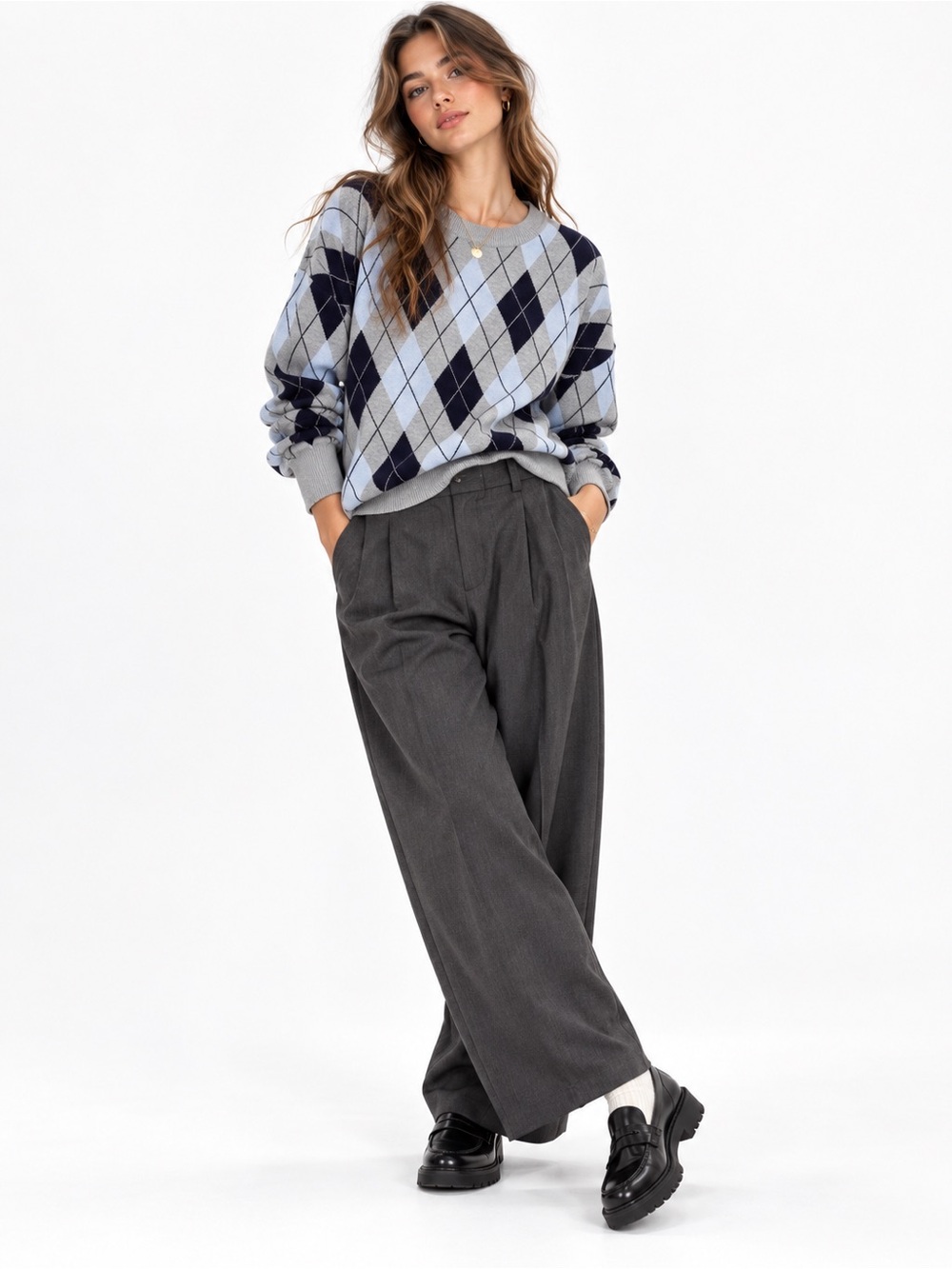 Urban Weekend XL Argyle Sweater Gray Navy Blue Preppy Grandpa Core Knit